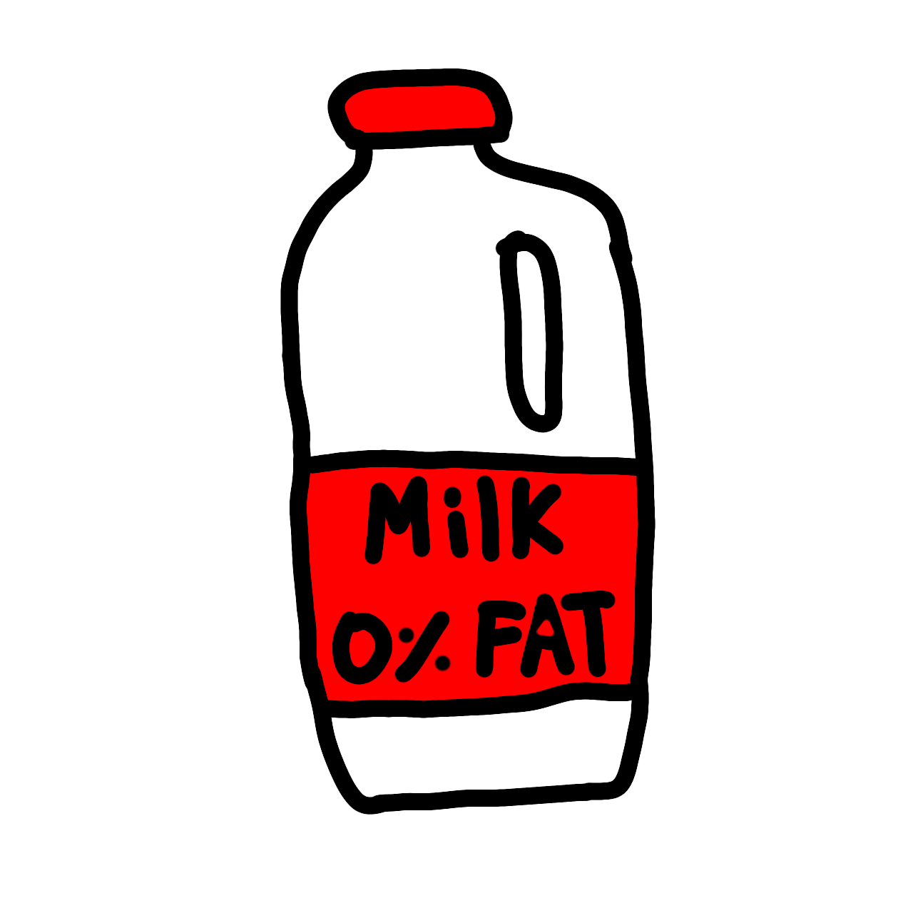  a bottle of milk with a red lid and a red label saying 'milk 0% fat'